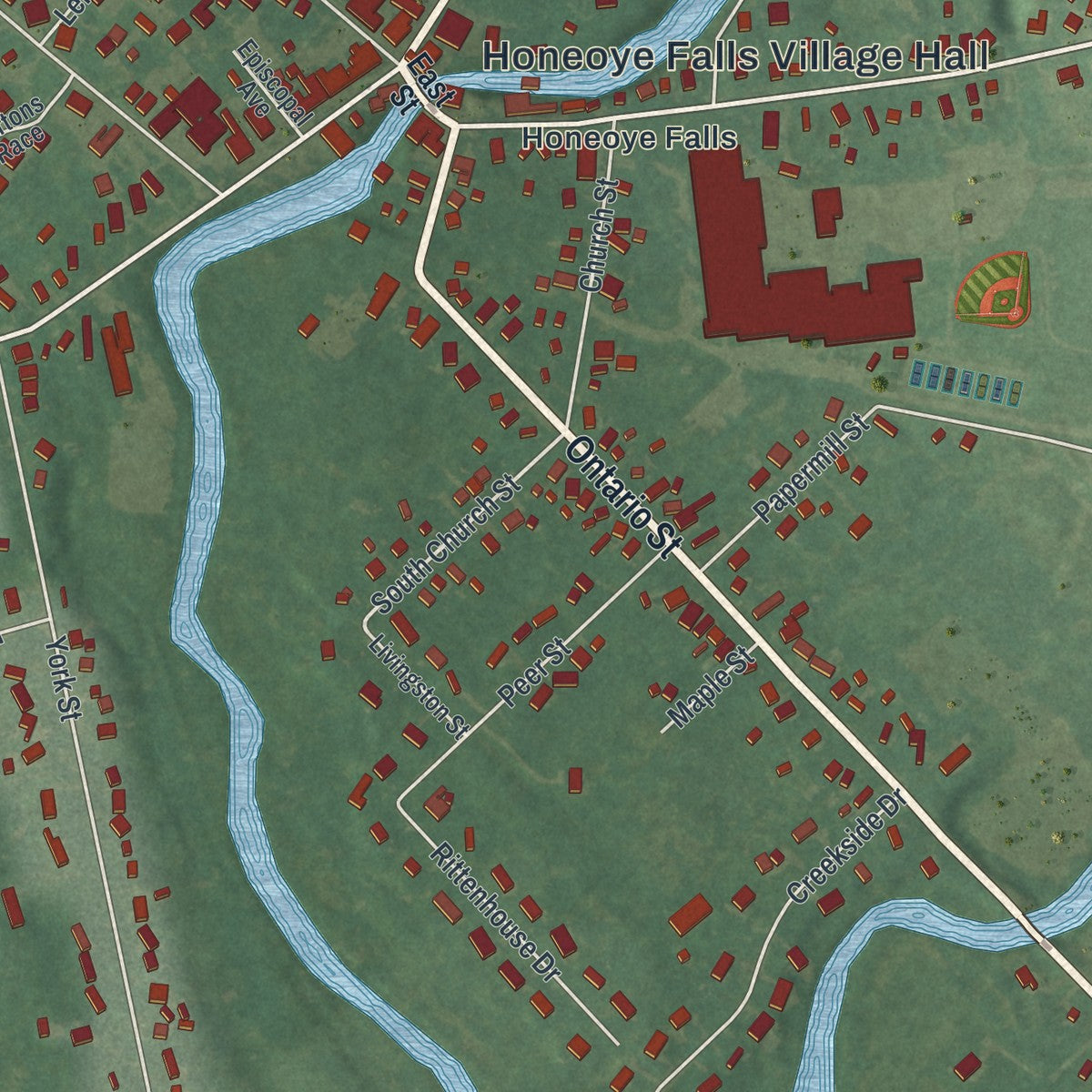 Close-up 1 of the Honeoye Falls, New York map artwork
