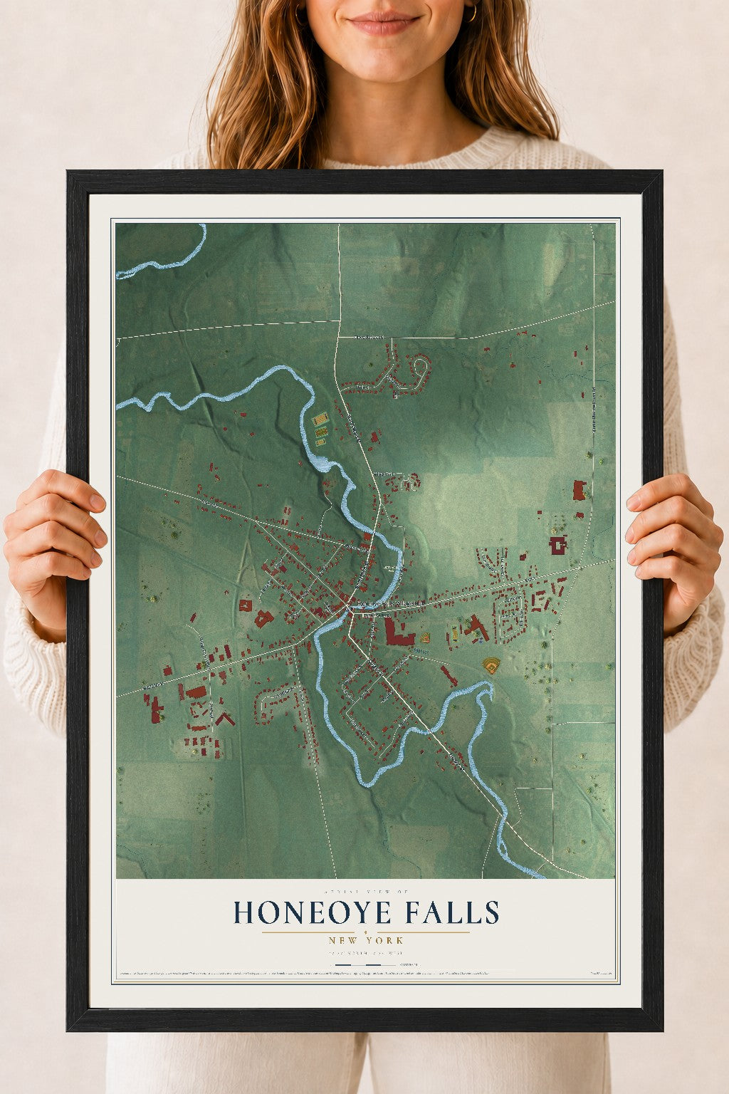 Honeoye Falls, New York map print, 18" x 24" W/ Black Ayous Wood Frame mockup