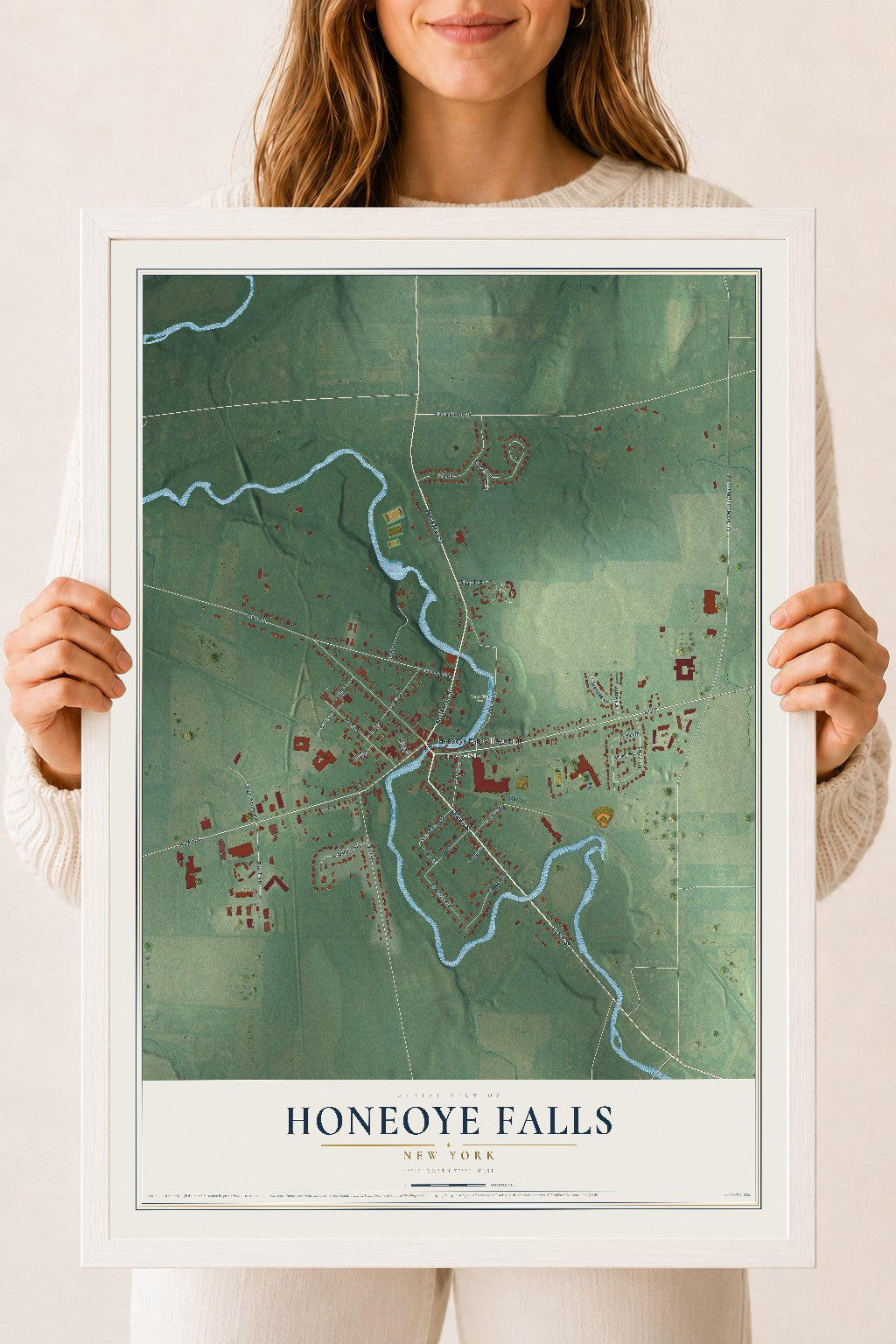 Honeoye Falls, New York map print, 18" x 24" W/ White Ayous Wood Frame mockup
