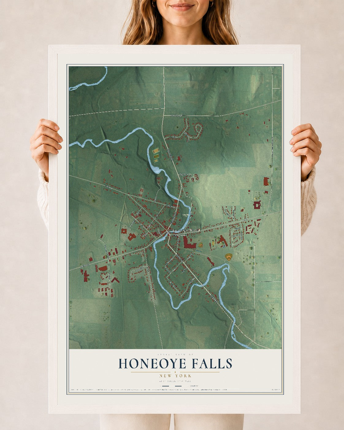 Honeoye Falls, New York map print, 24" x 36" W/ White Ayous Wood Frame mockup