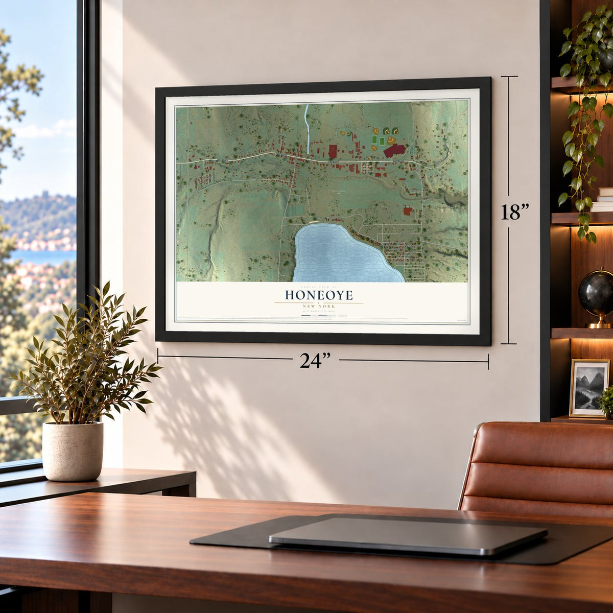 Honeoye, New York map, 18 x 24 inch print in a black frame in a home office
