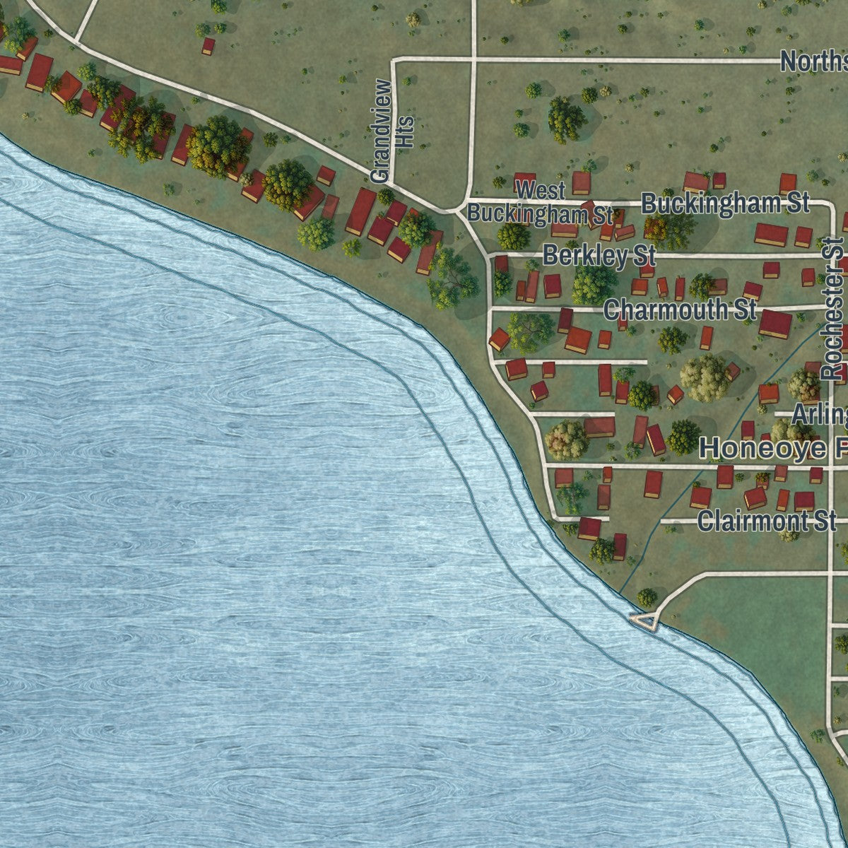 Close-up of the map of Honeoye, New York print showing street and building detail