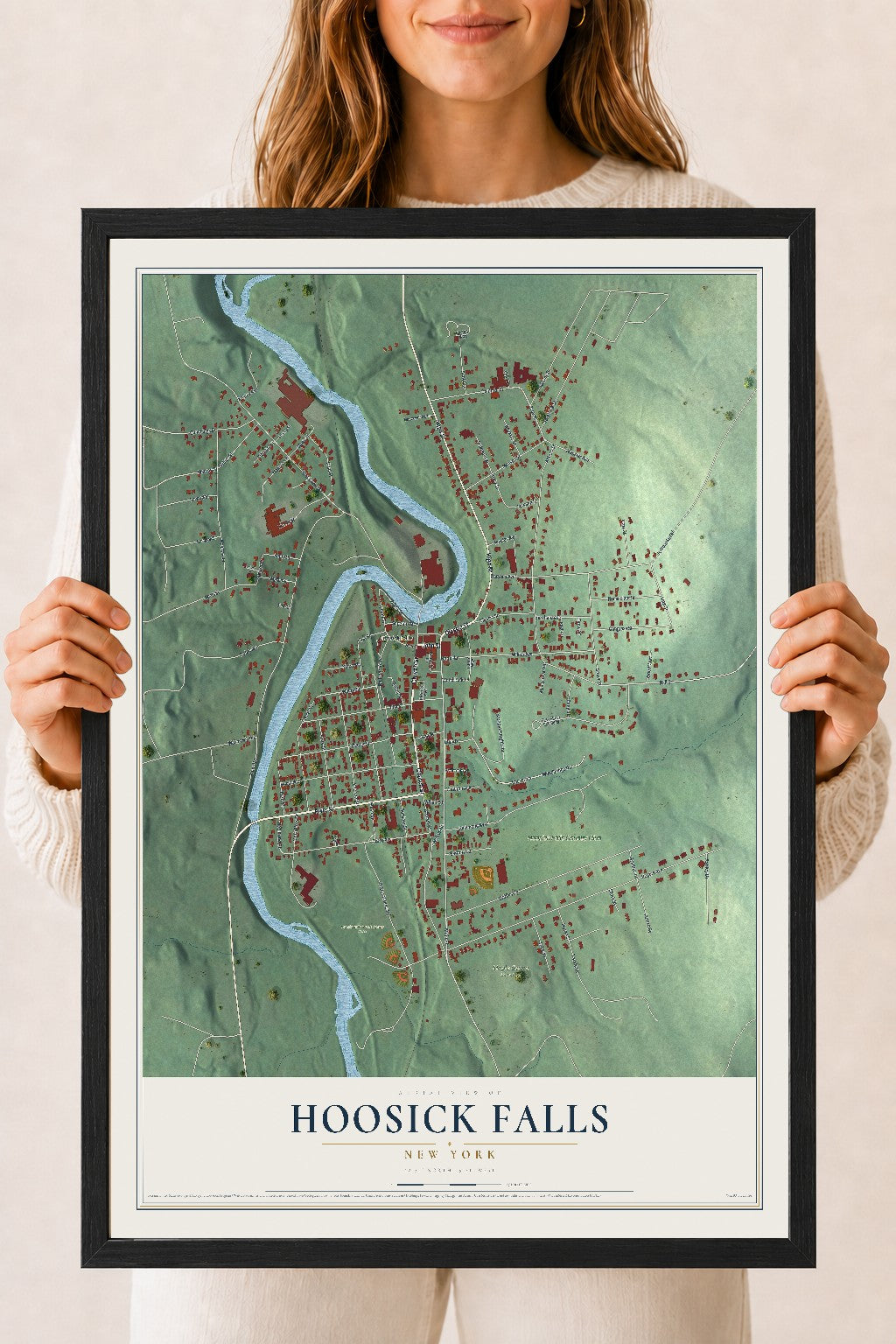 Hoosick Falls, New York map print, 18" x 24" W/ Black Ayous Wood Frame mockup