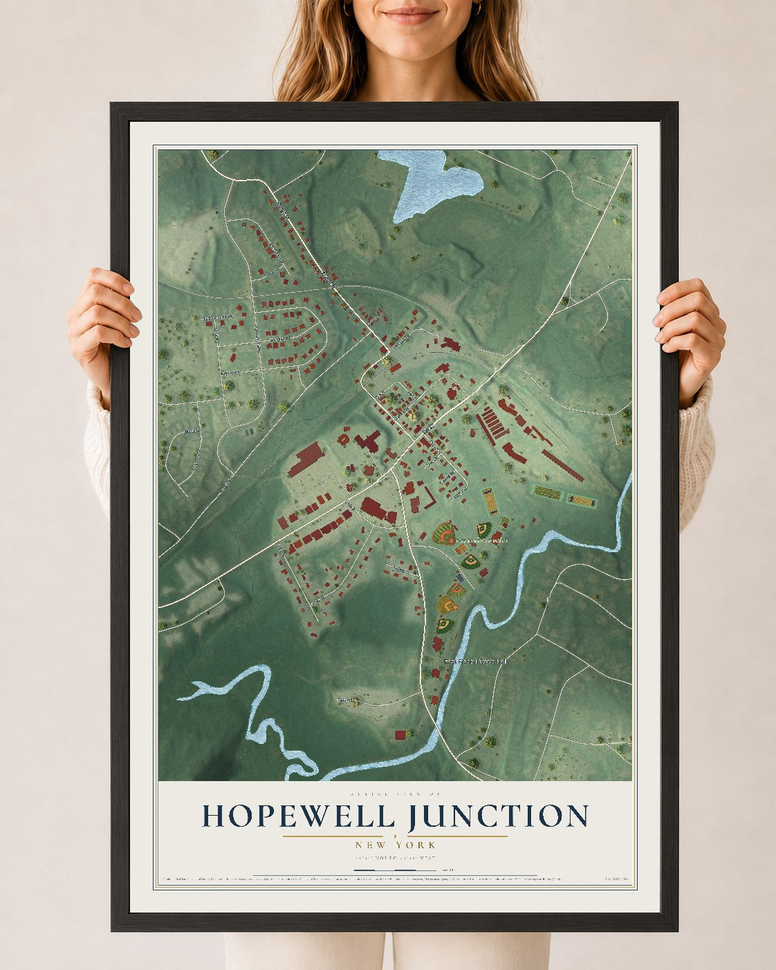 Hopewell Junction, New York map print, 24" x 36" W/ Black Ayous Wood Frame mockup