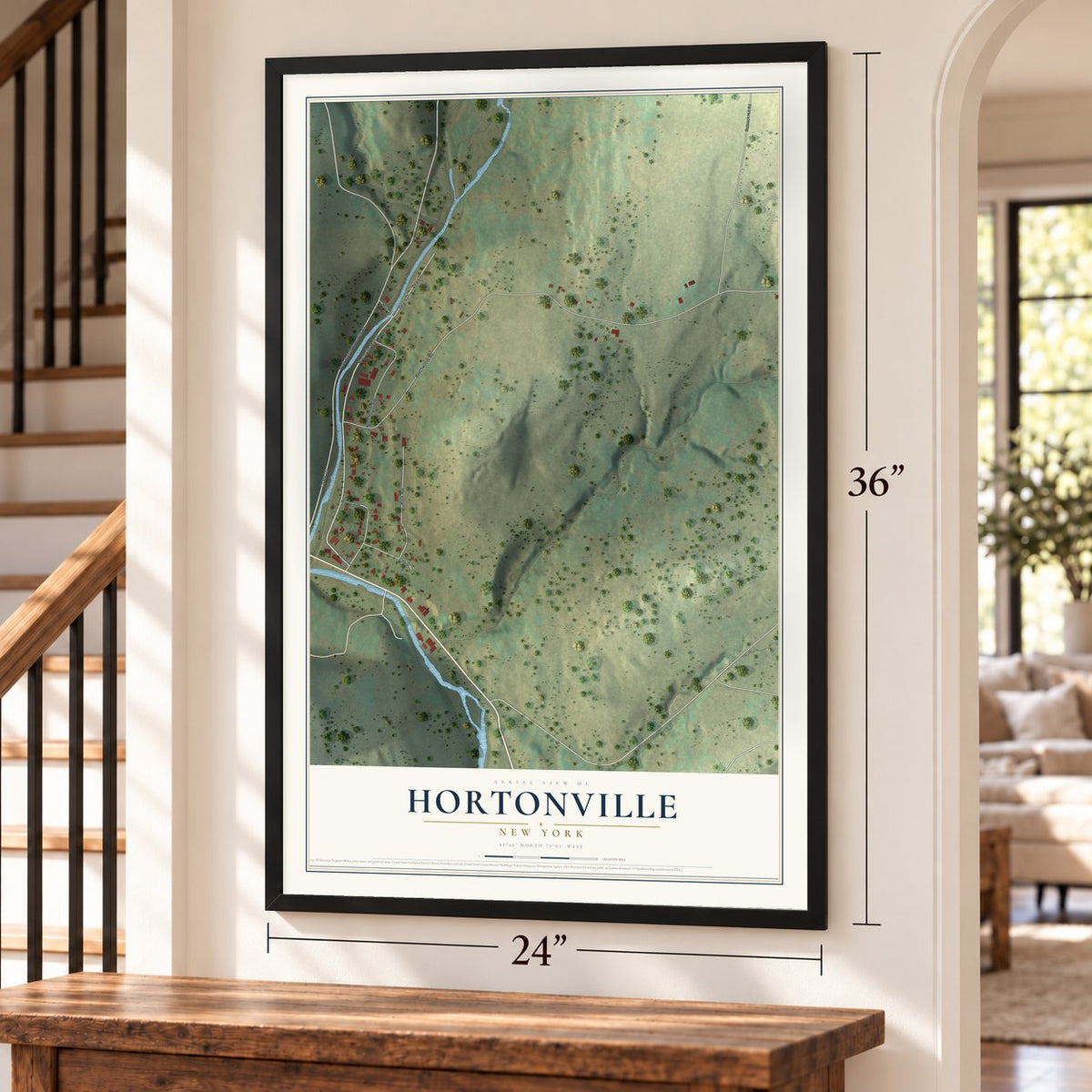 Hortonville, New York map, 24 x 36 inch print in a black frame by a staircase