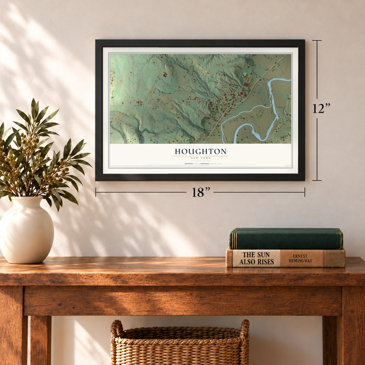 Houghton, New York map, 12 x 18 inch print in a black frame in an entryway