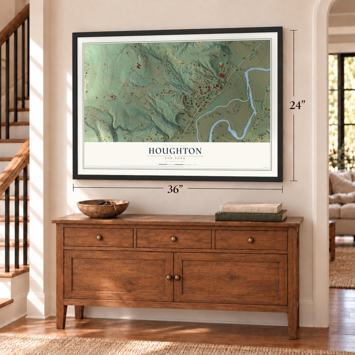 Houghton, New York map, 24 x 36 inch print in a black frame above a dresser by a staircase