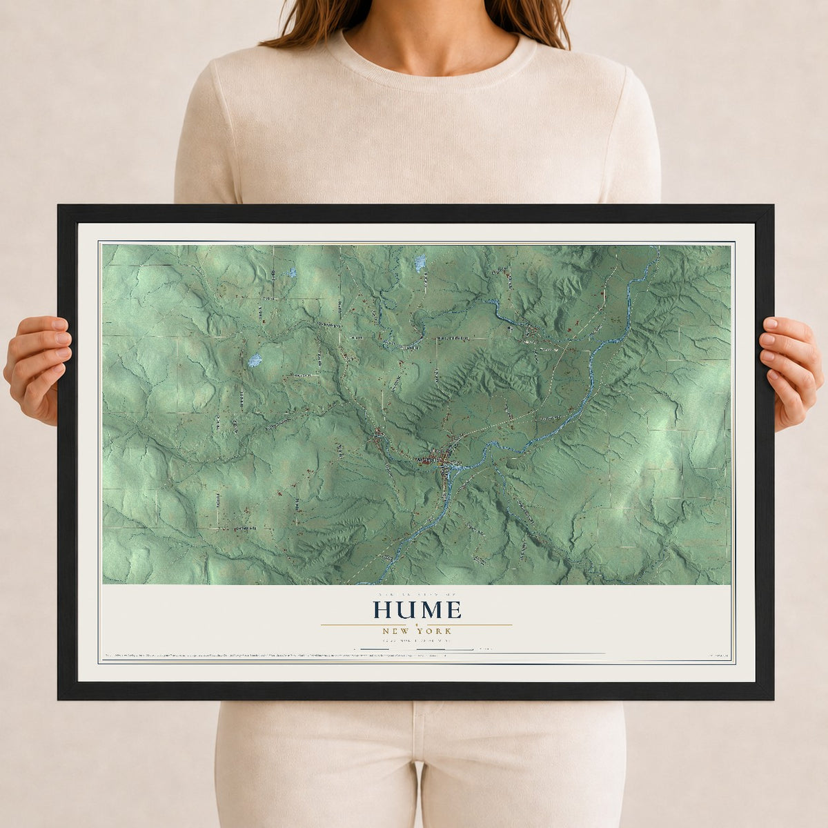 Hume, New York map print, 12" x 18" W/ Black Ayous Wood Frame mockup