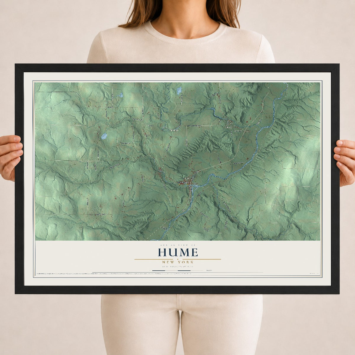 Hume, New York map print, 18" x 24" W/ Black Ayous Wood Frame mockup