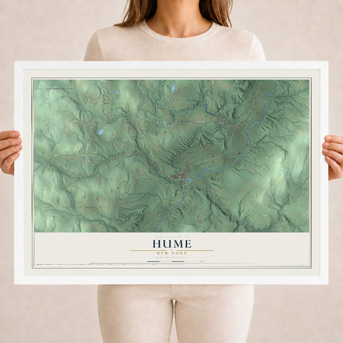 Hume, New York map print, 18" x 24" W/ White Ayous Wood Frame mockup