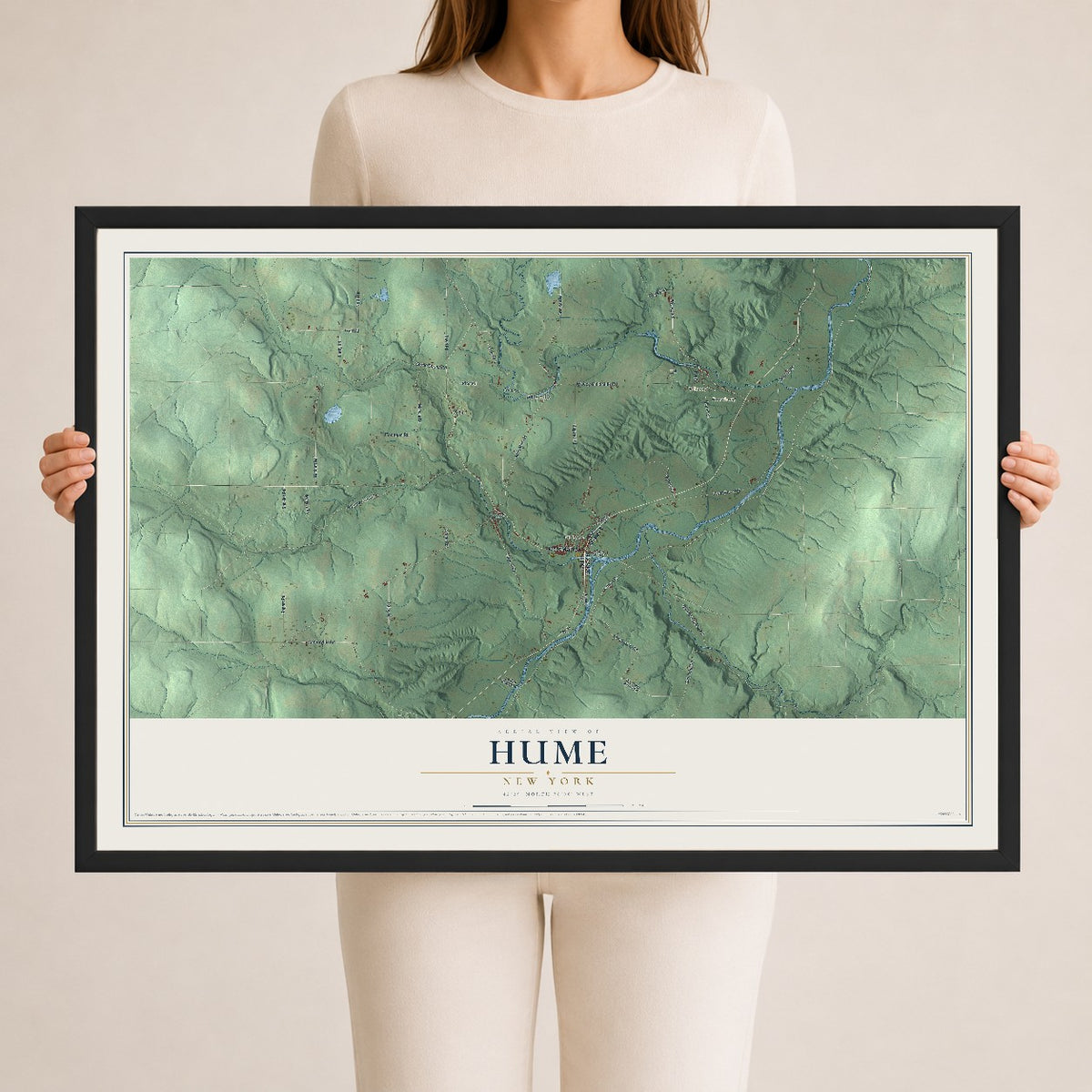 Hume, New York map print, 24" x 36" W/ Black Ayous Wood Frame mockup