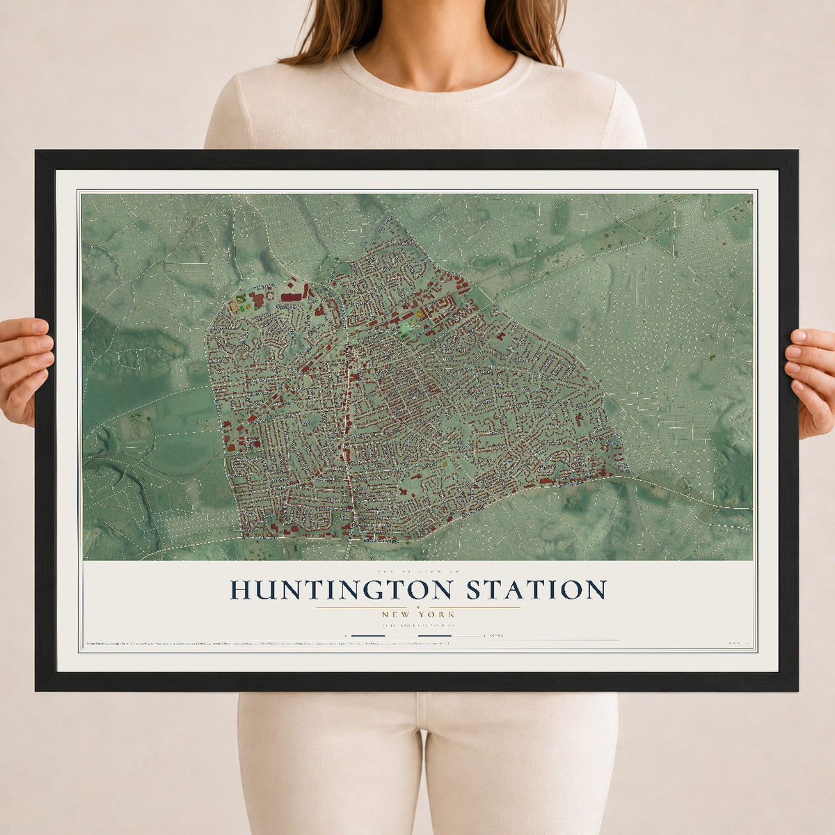 Huntington Station, New York map print, 18" x 24" W/ Black Ayous Wood Frame mockup