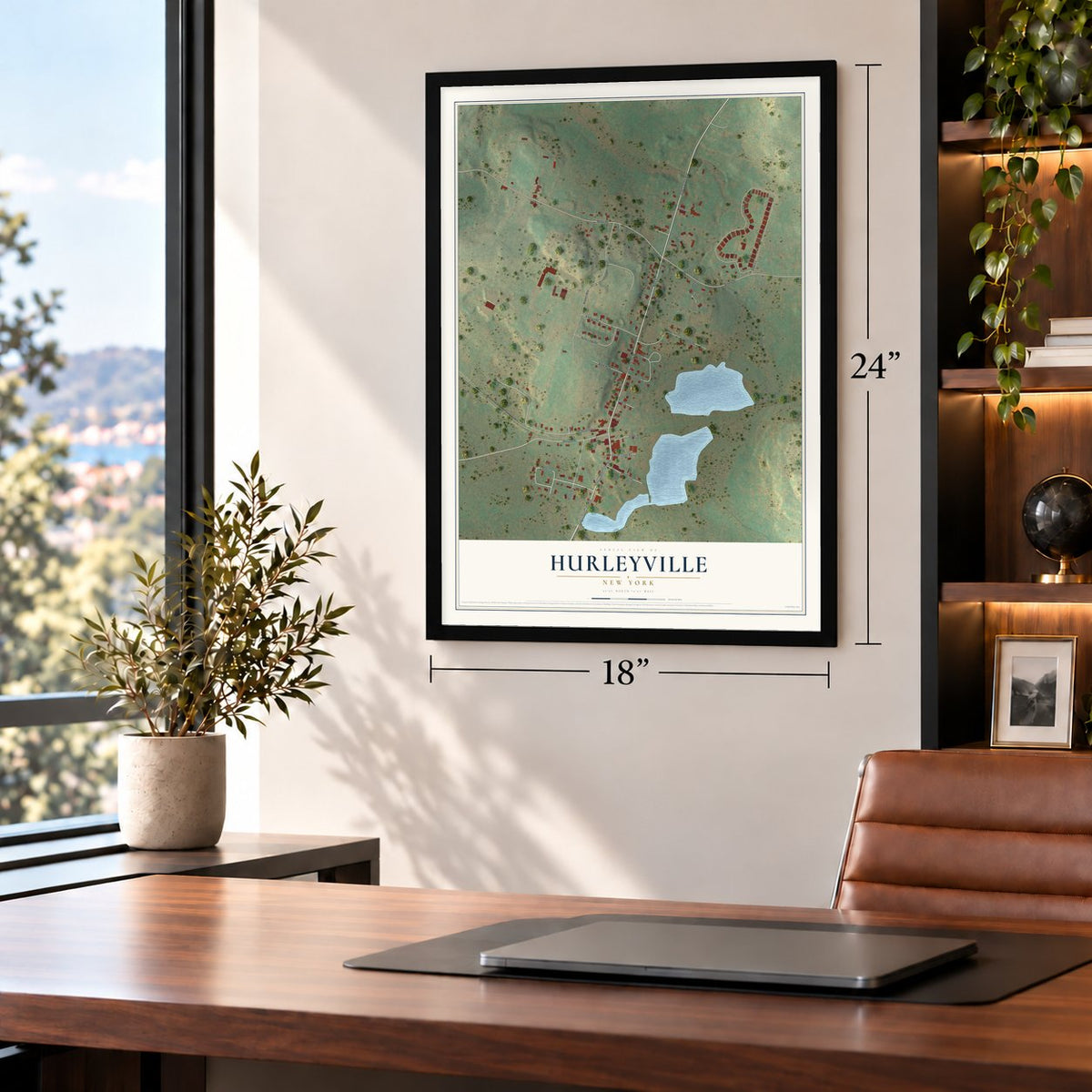 Hurleyville, New York map, 18 x 24 inch print in a black frame in a home office