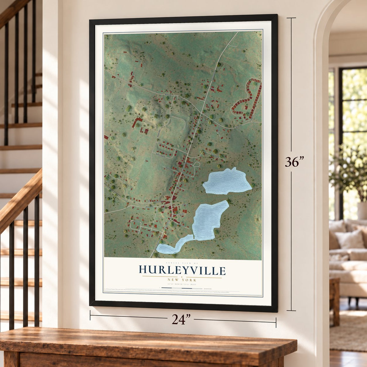 Hurleyville, New York map, 24 x 36 inch print in a black frame by a staircase