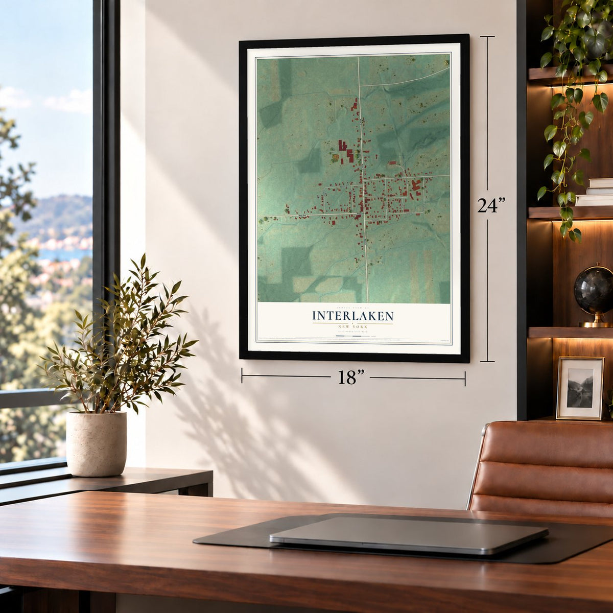 Interlaken, New York map, 18 x 24 inch print in a black frame in a home office