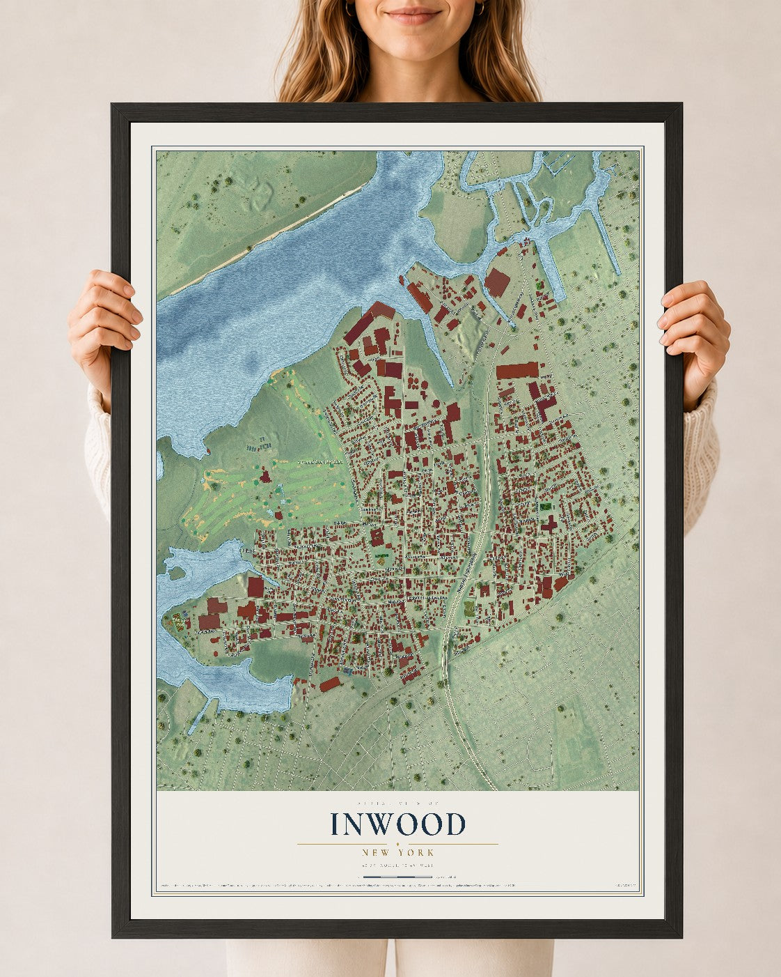 Inwood, New York map print, 24" x 36" W/ Black Ayous Wood Frame mockup