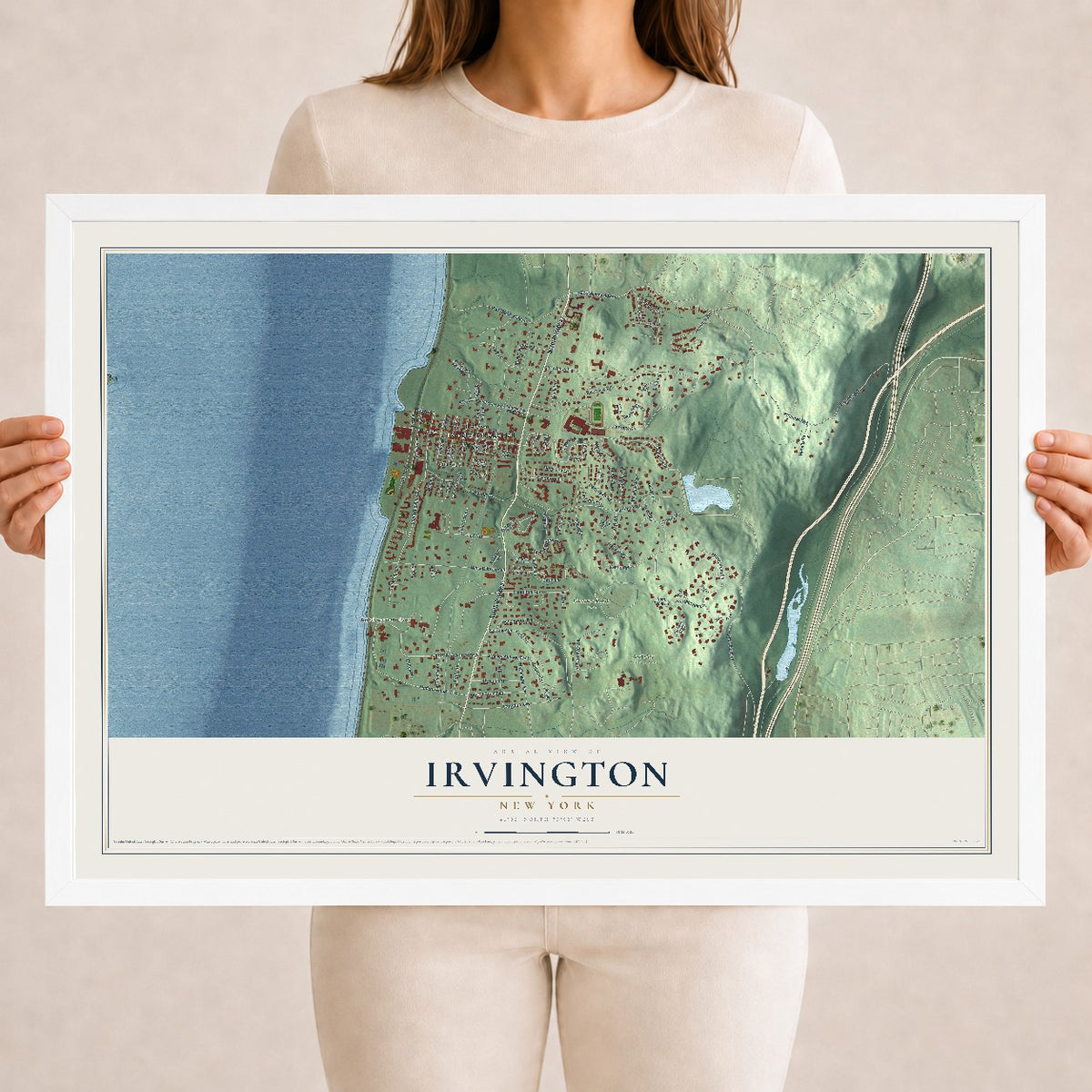 Irvington, New York map print, 18" x 24" W/ White Ayous Wood Frame mockup
