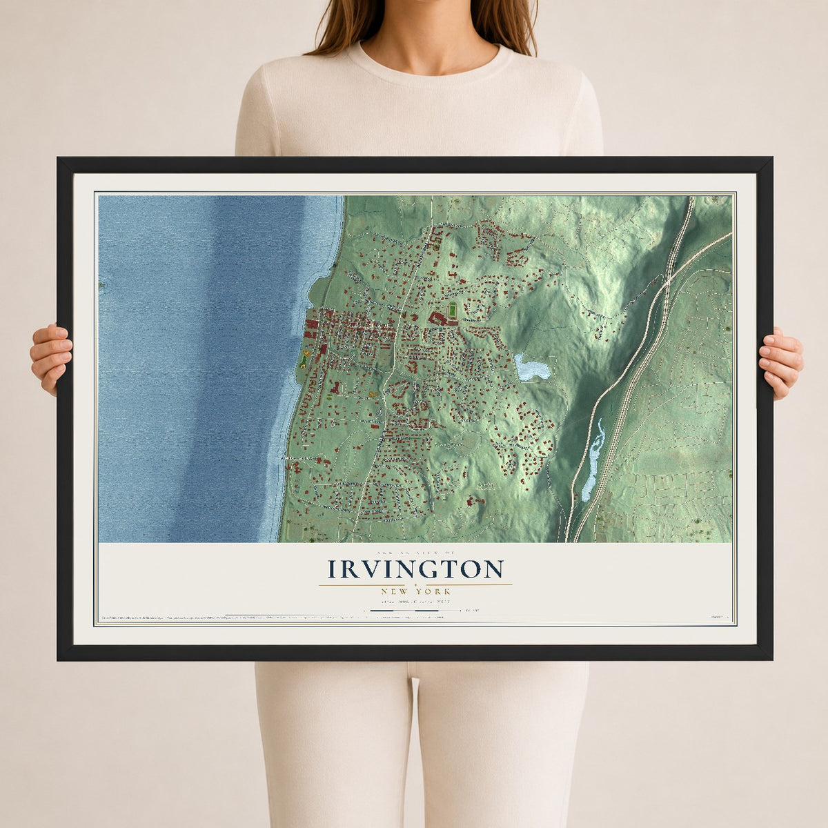 Irvington, New York map print, 24" x 36" W/ Black Ayous Wood Frame mockup
