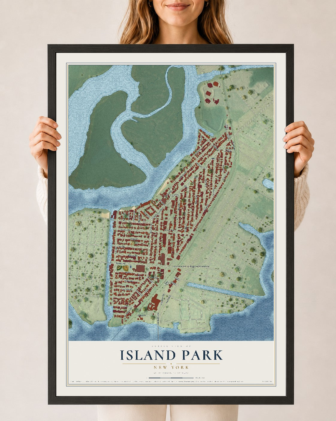 Island Park, New York map print, 24" x 36" W/ Black Ayous Wood Frame mockup