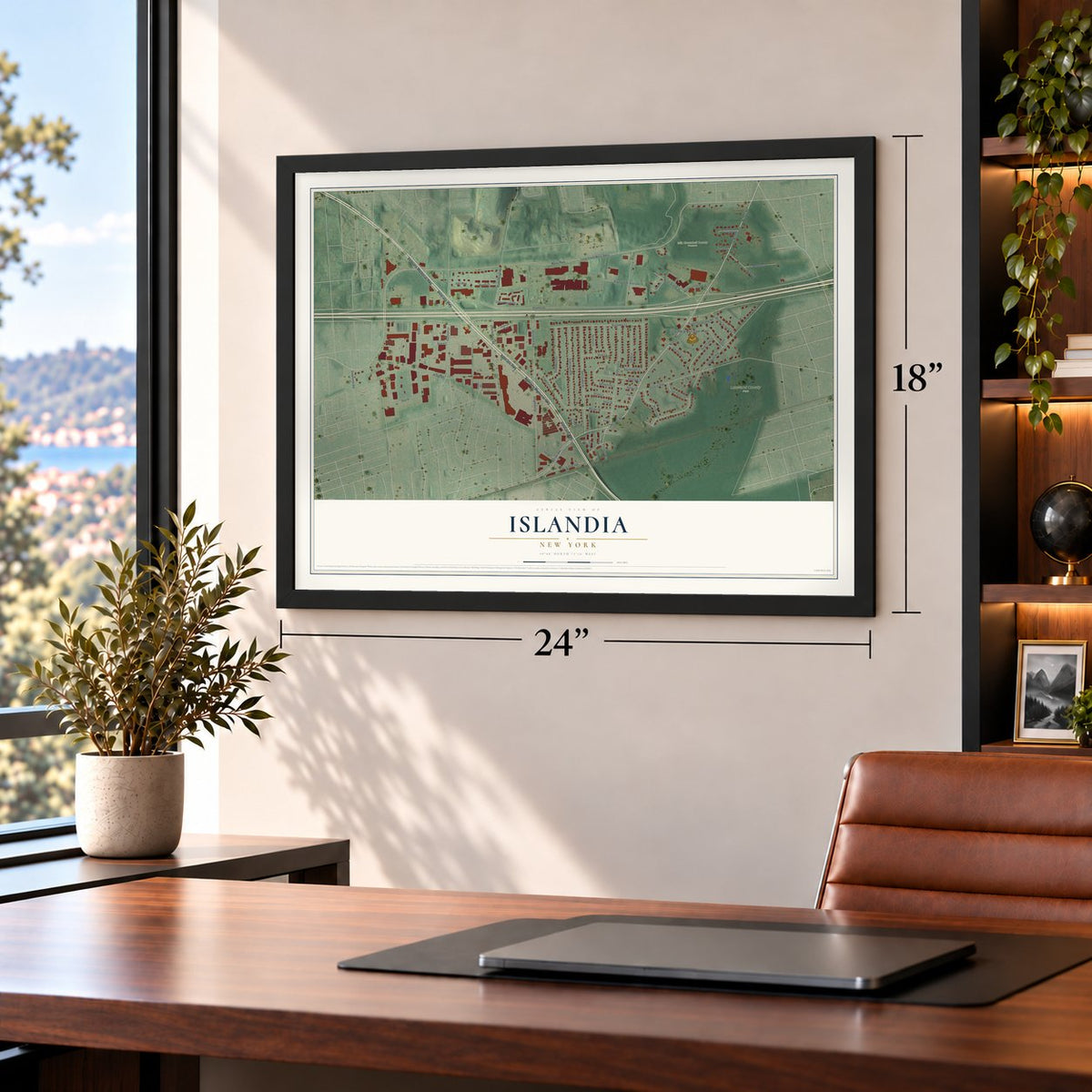 Islandia, New York map, 18 x 24 inch print in a black frame in a home office