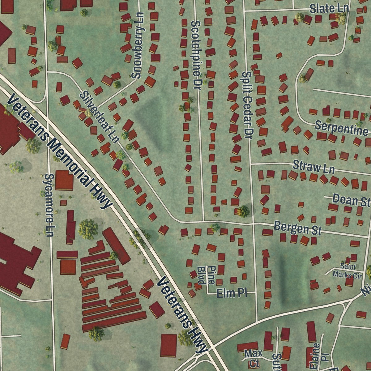 Close-up of the map of Islandia, New York print showing street and building detail