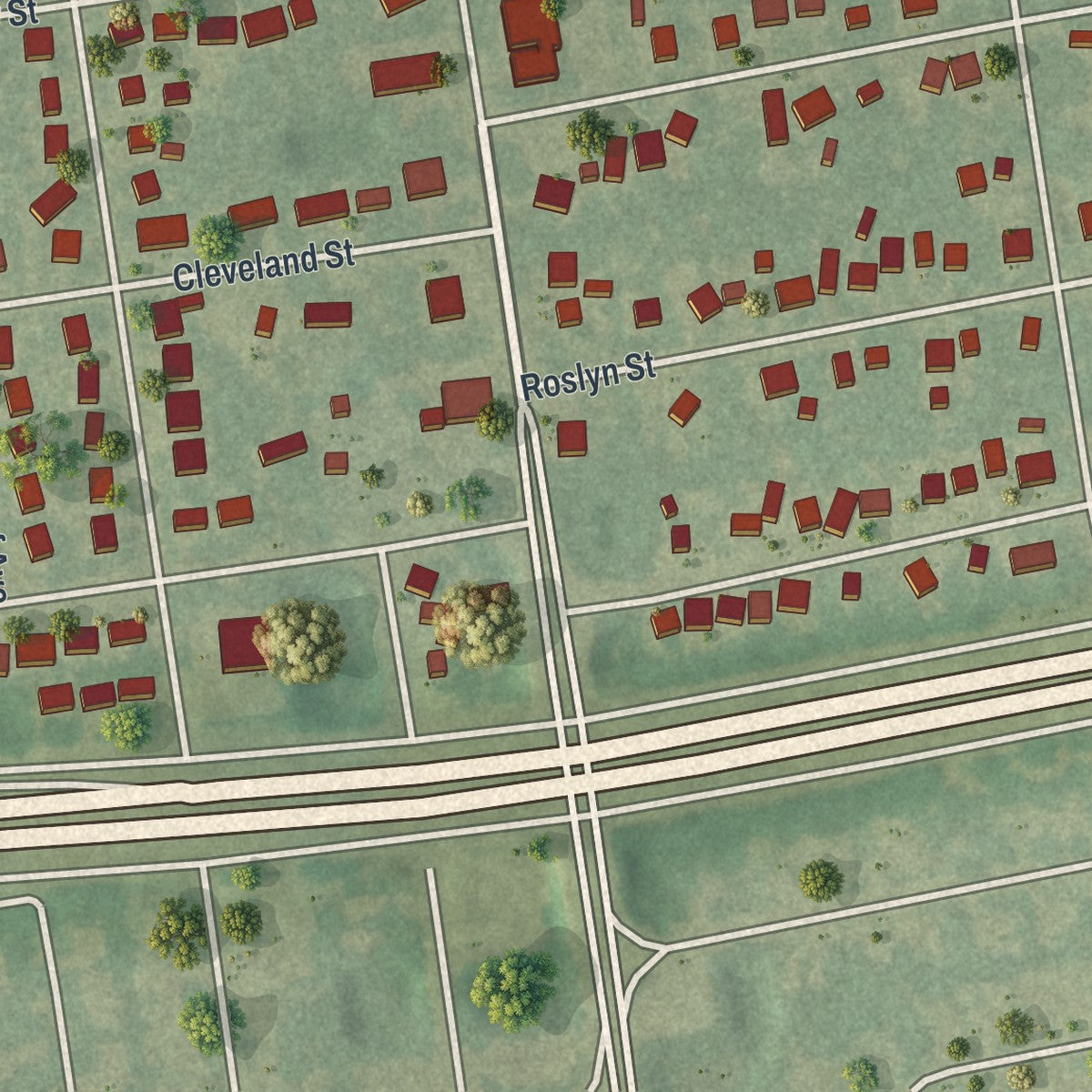 Close-up of the map of Islip Terrace, New York print showing street and building detail