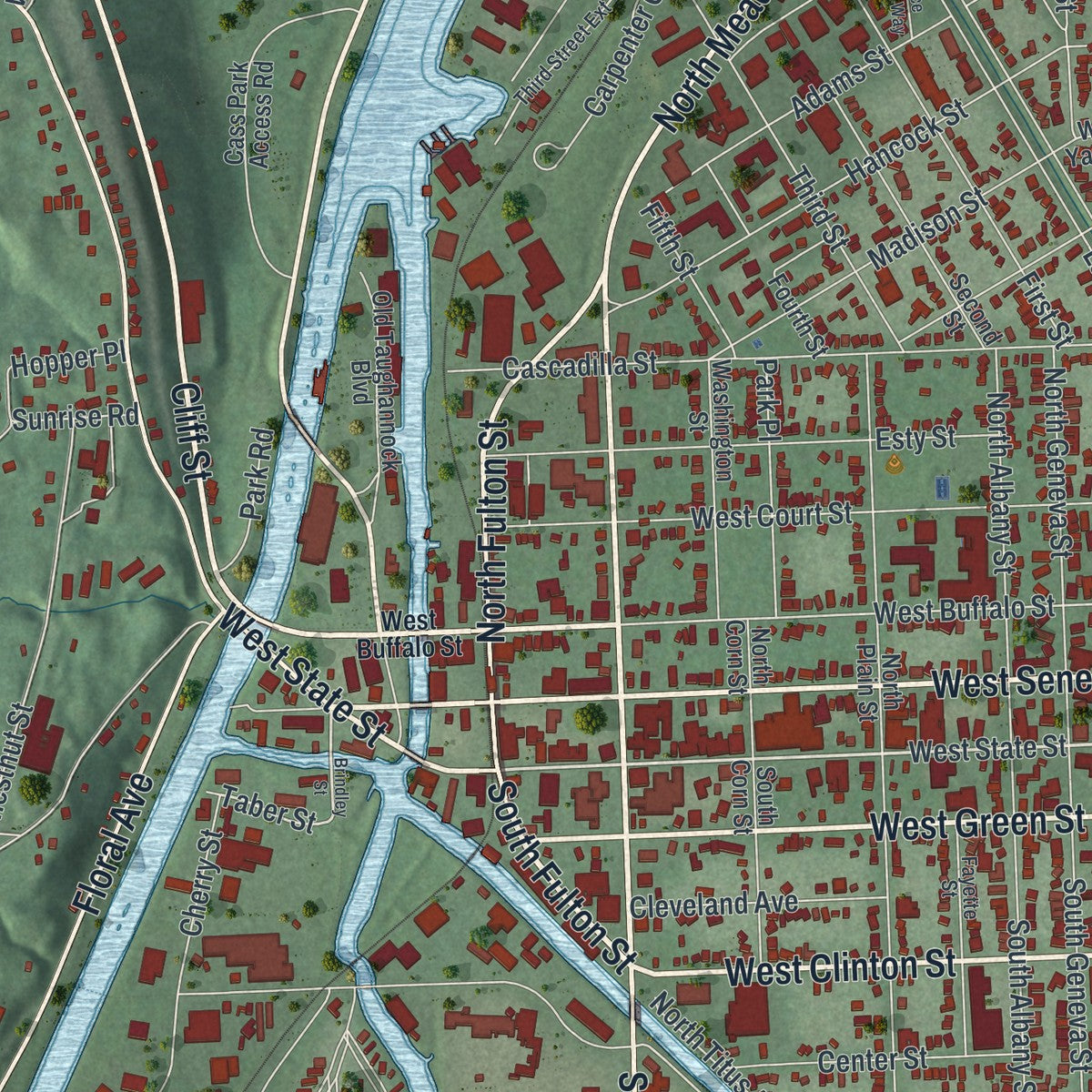 Second close-up of the map of the City of Ithaca, Tompkins County, New York print showing more streets and buildings