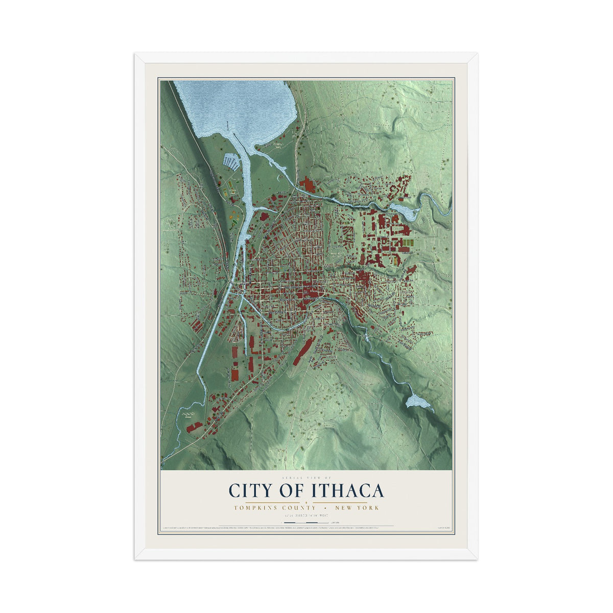 Map of the City of Ithaca, Tompkins County, New York, 12 x 18 inch print in a white wood frame