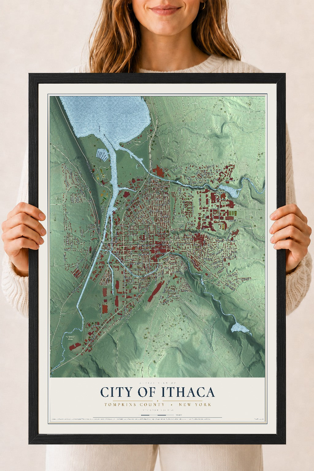 Map of the City of Ithaca, Tompkins County, New York, 18 x 24 inch print in a black wood frame