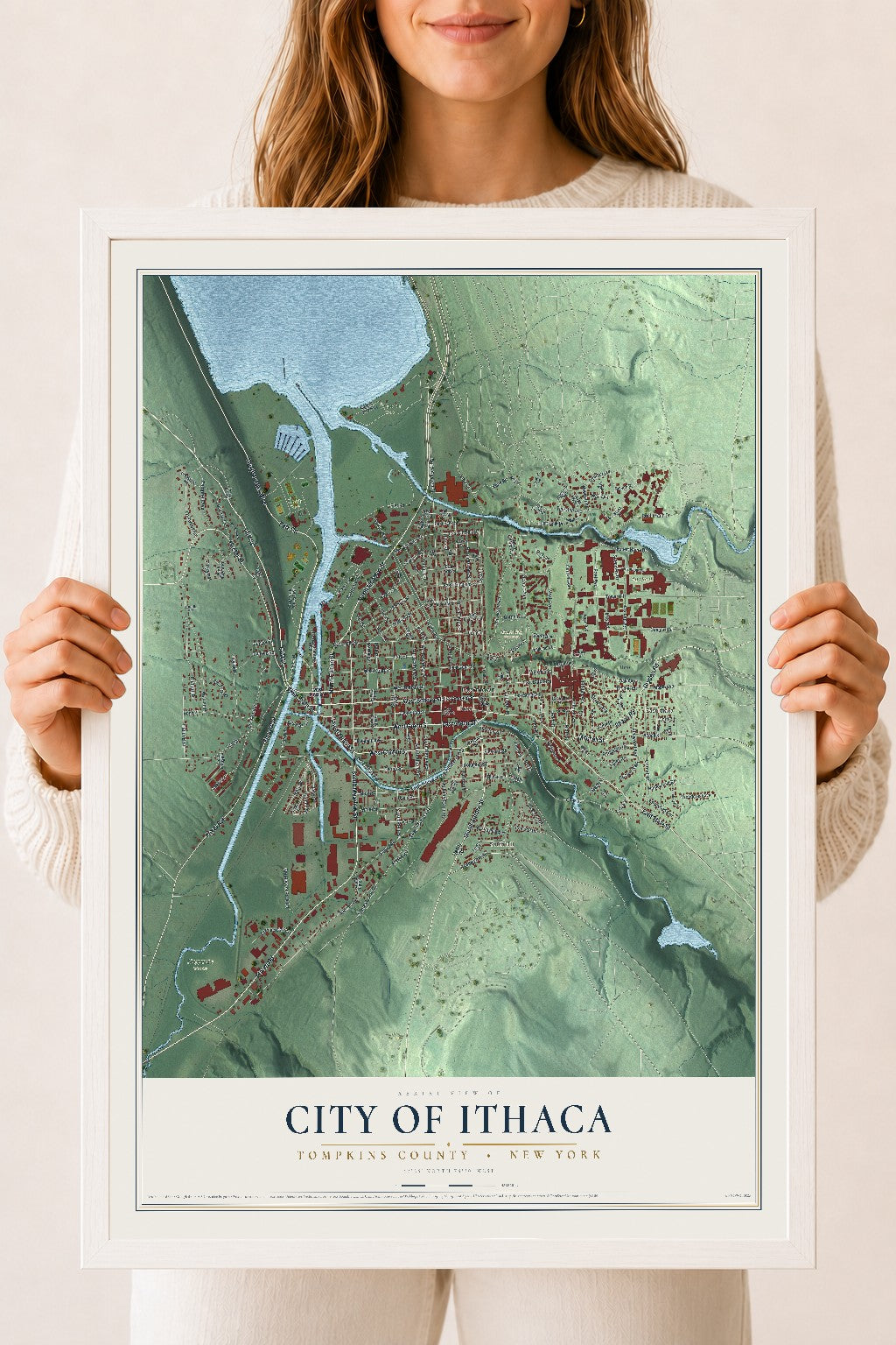 Map of the City of Ithaca, Tompkins County, New York, 18 x 24 inch print in a white wood frame