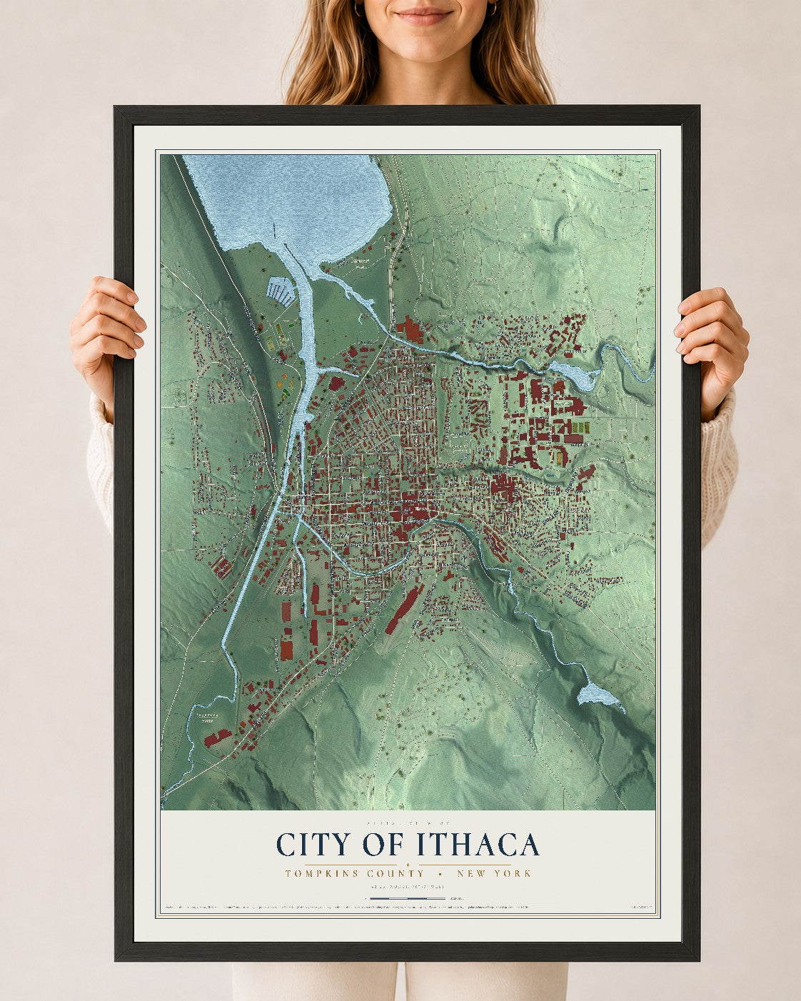 Map of the City of Ithaca, Tompkins County, New York, 24 x 36 inch print in a black wood frame