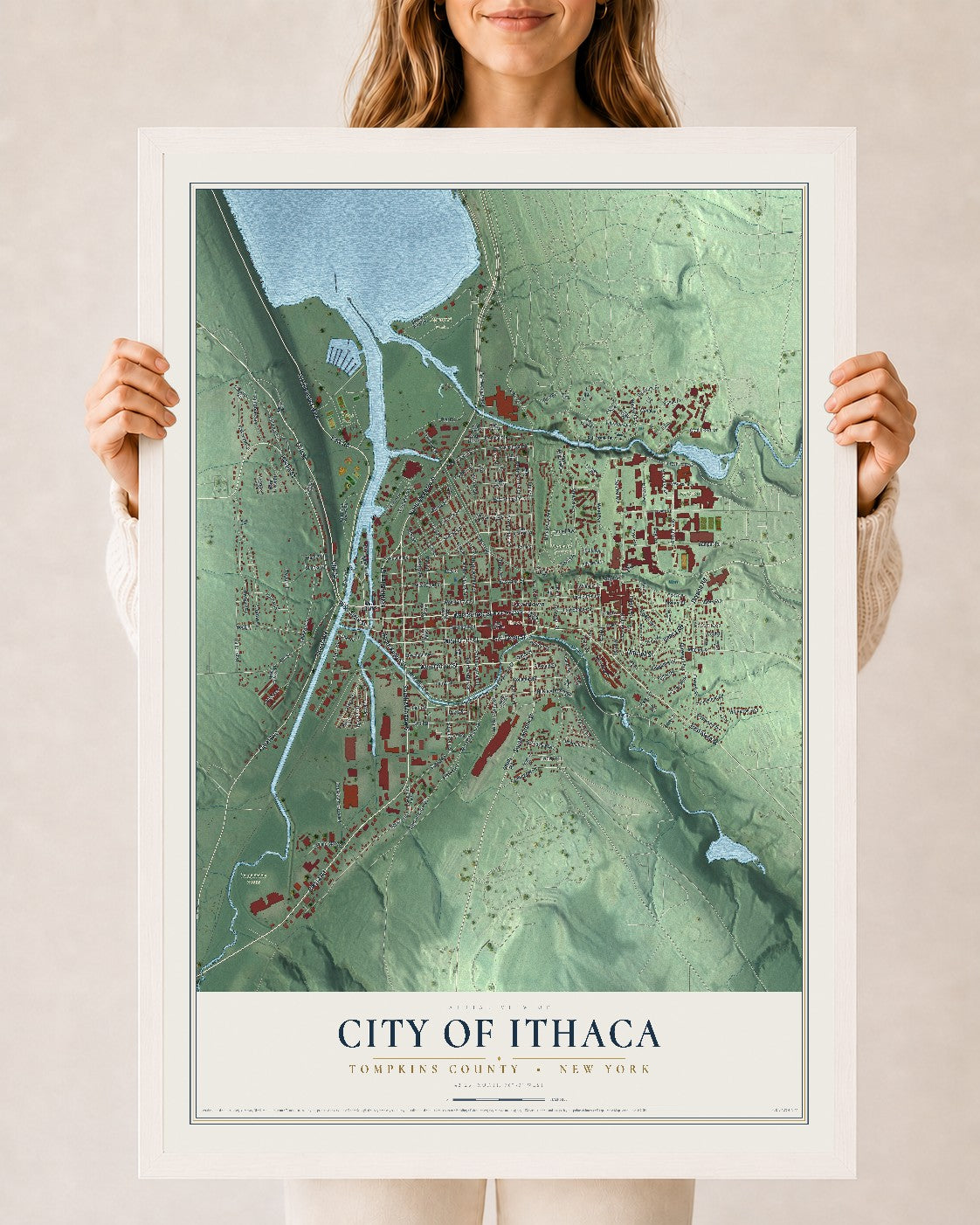 Map of the City of Ithaca, Tompkins County, New York, 24 x 36 inch print in a white wood frame