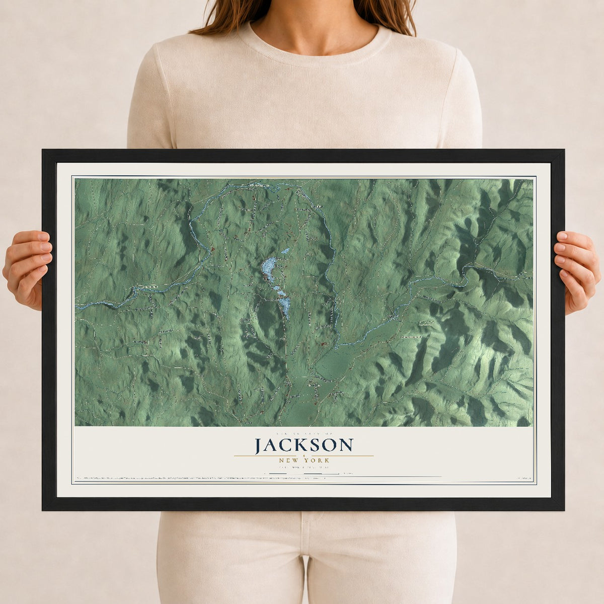 Map of Jackson, New York, 12 x 18 inch print in a black wood frame