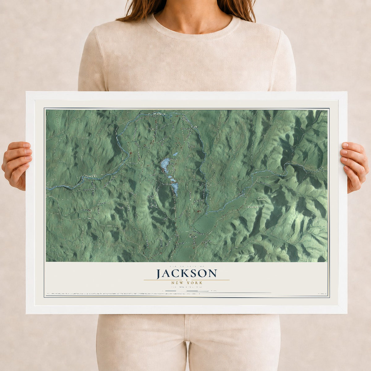 Map of Jackson, New York, 12 x 18 inch print in a white wood frame