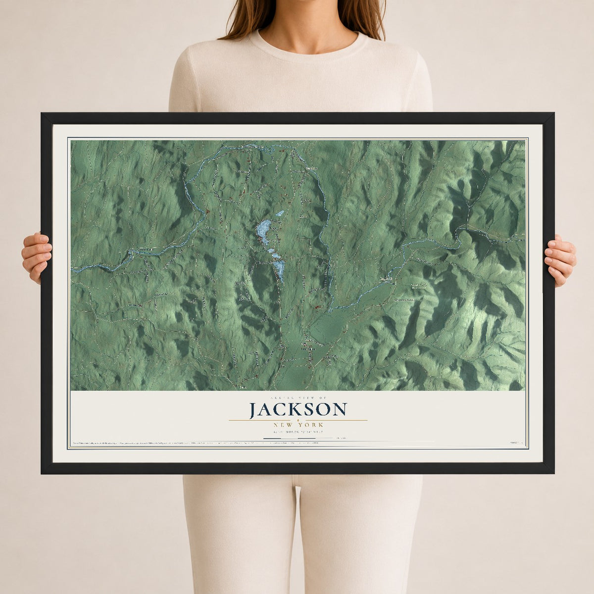 Map of Jackson, New York, 24 x 36 inch print in a black wood frame
