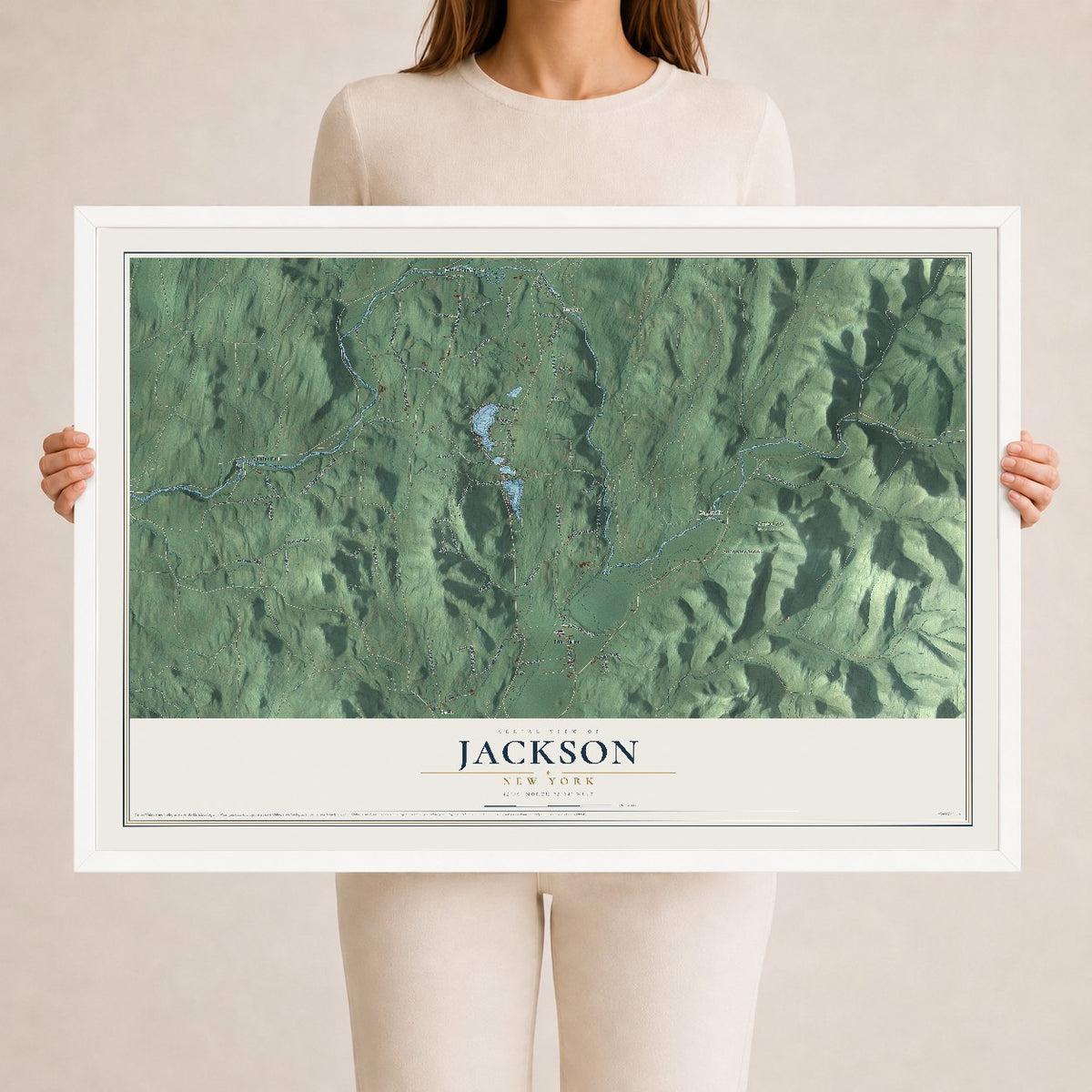Map of Jackson, New York, 24 x 36 inch print in a white wood frame