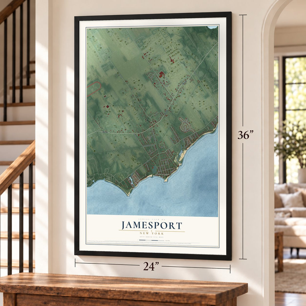 Jamesport, New York map, 24 x 36 inch print in a black frame by a staircase