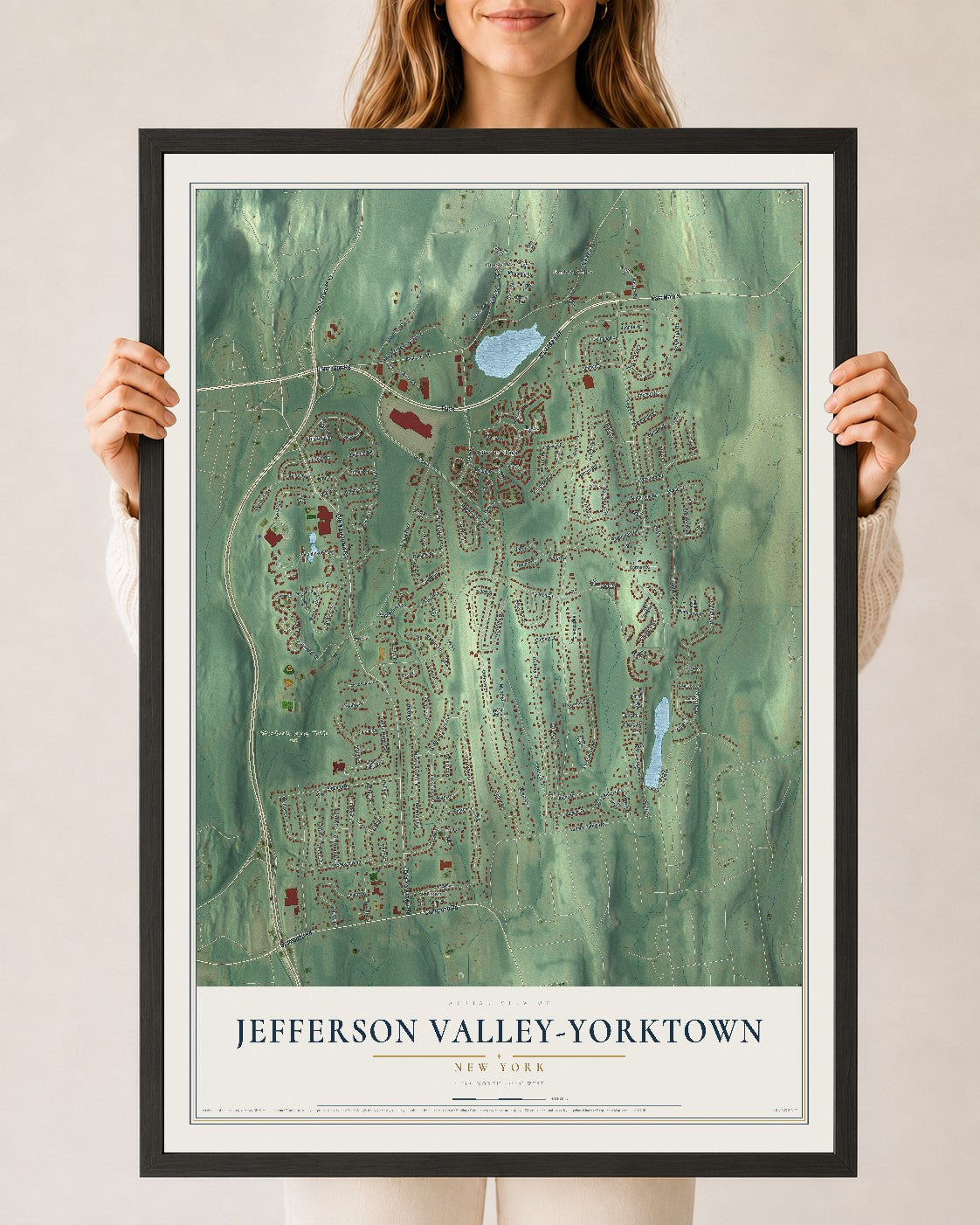 Jefferson Valley-Yorktown, New York map print, 24" x 36" W/ Black Ayous Wood Frame mockup