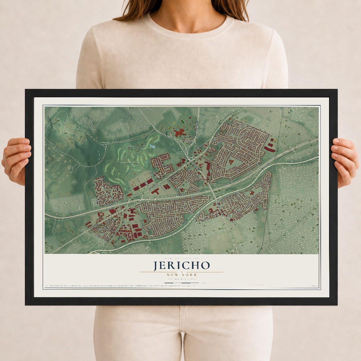Jericho, New York map print, 12" x 18" W/ Black Ayous Wood Frame mockup