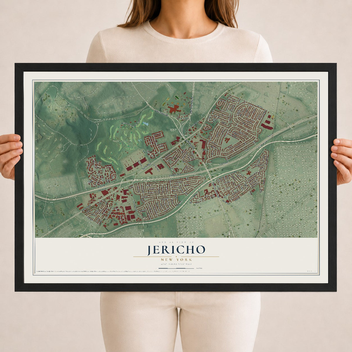 Jericho, New York map print, 18" x 24" W/ Black Ayous Wood Frame mockup