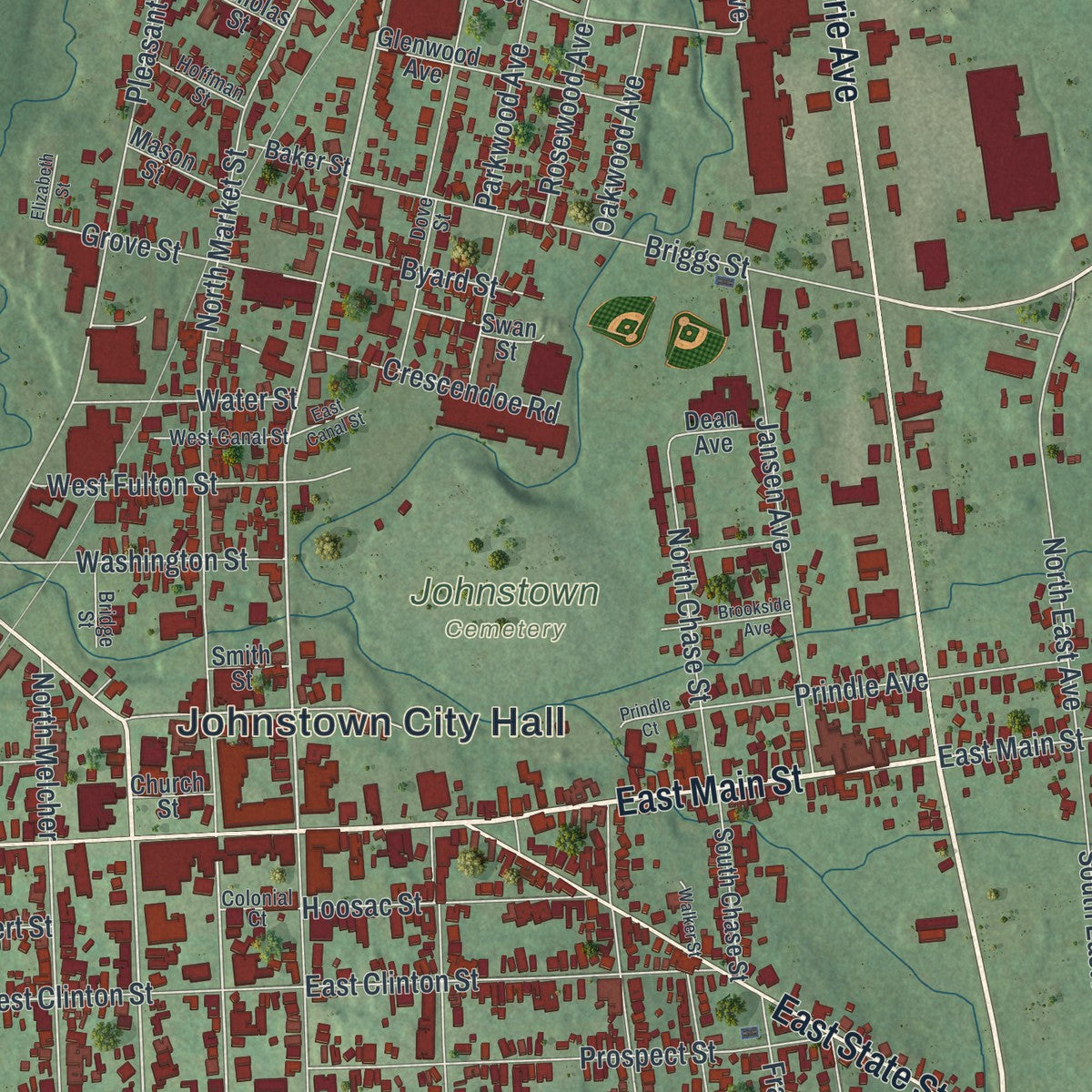 Close-up of the map of the City of Johnstown, Fulton County, New York print showing street and building detail
