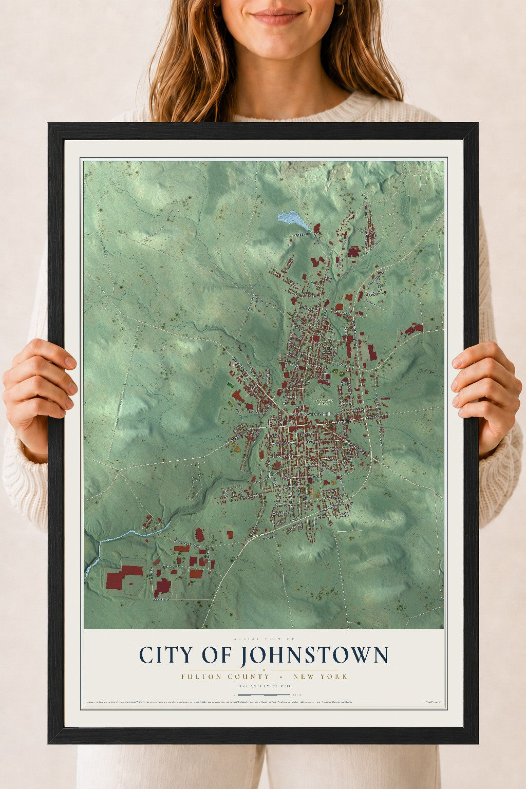 Map of the City of Johnstown, Fulton County, New York, 18 x 24 inch print in a black wood frame
