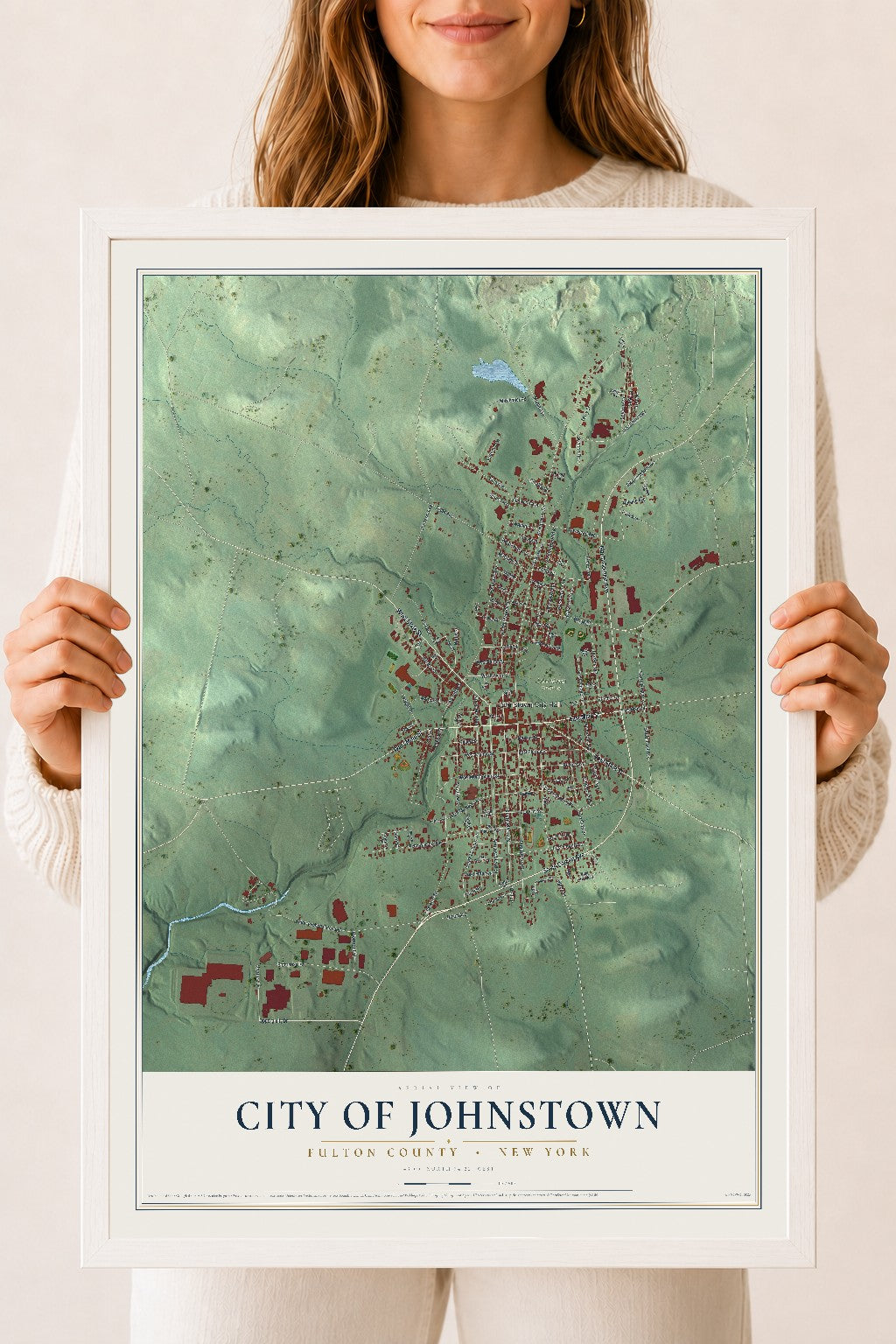 Map of the City of Johnstown, Fulton County, New York, 18 x 24 inch print in a white wood frame
