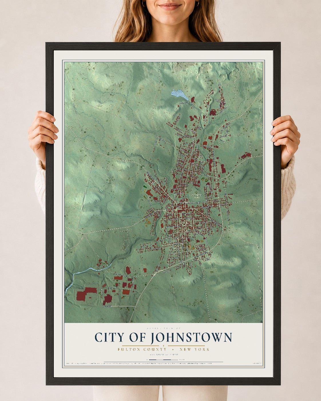 Map of the City of Johnstown, Fulton County, New York, 24 x 36 inch print in a black wood frame
