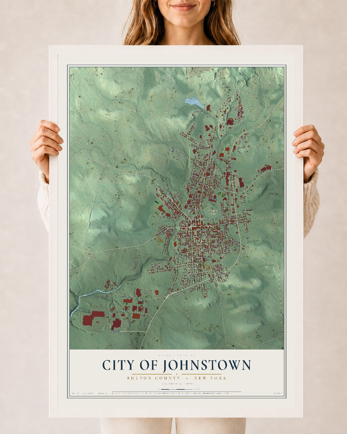 Map of the City of Johnstown, Fulton County, New York, 24 x 36 inch print in a white wood frame