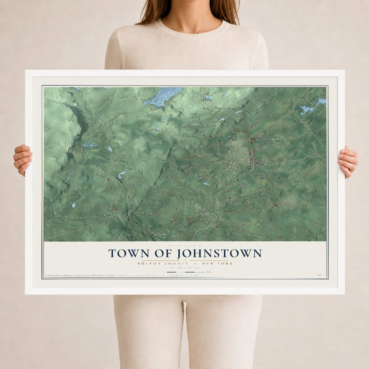 Map of the Town of Johnstown, Fulton County, New York, 24 x 36 inch print in a white wood frame