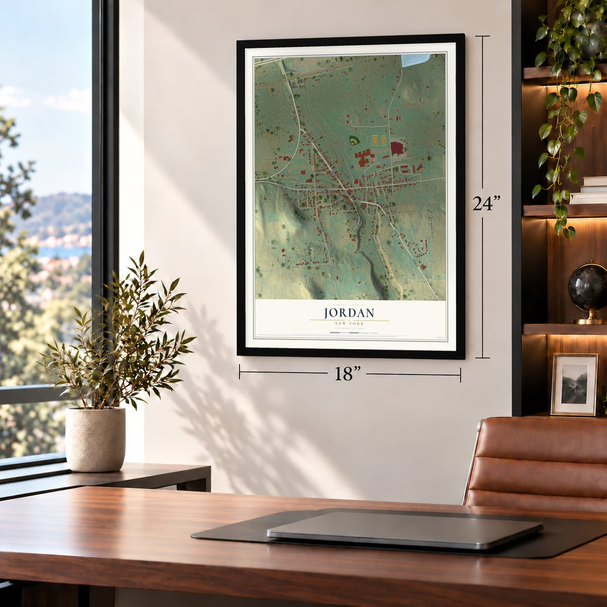 Jordan, New York map, 18 x 24 inch print in a black frame in a home office