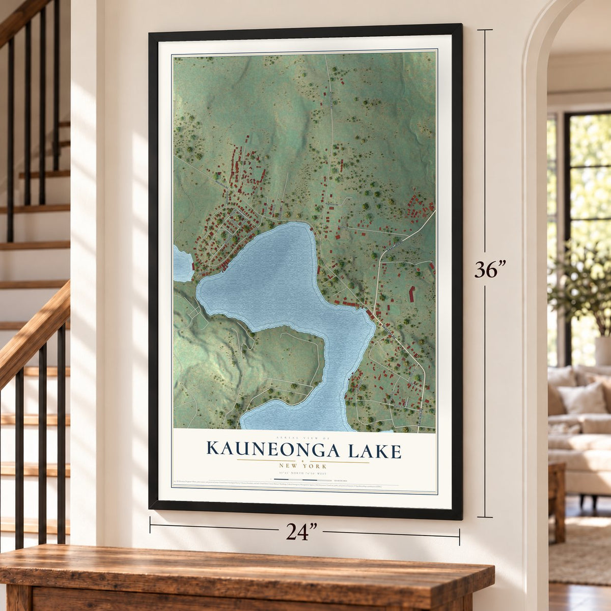 Kauneonga Lake, New York map, 24 x 36 inch print in a black frame by a staircase