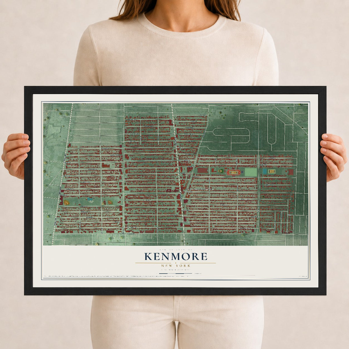 Kenmore, New York map print, 12" x 18" W/ Black Ayous Wood Frame mockup