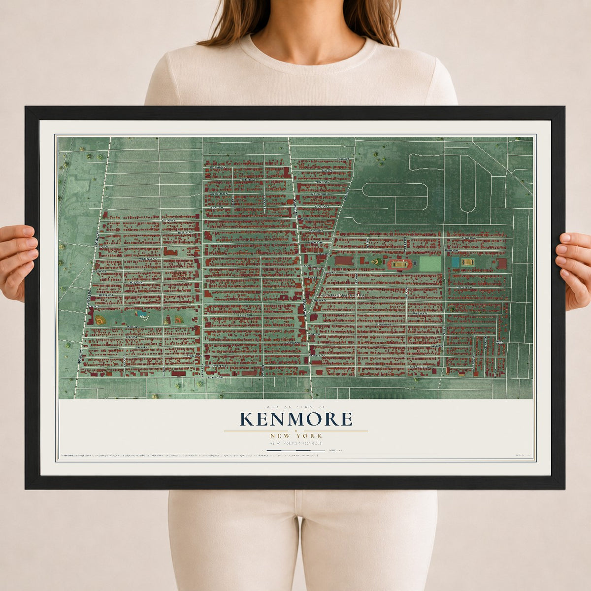 Kenmore, New York map print, 18" x 24" W/ Black Ayous Wood Frame mockup